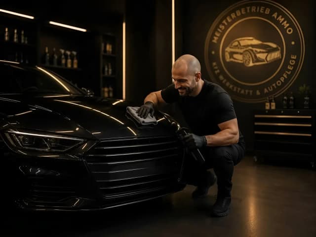 Mann mit Glatze und Bart poliert in schwarzer Kleidung die Motorhaube eines schwarzen Autos in einer dunklen Autowerkstatt